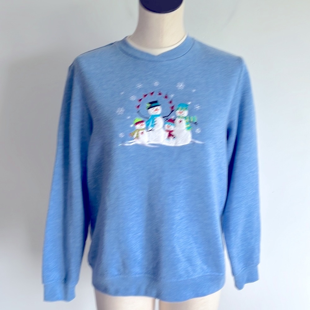 Vtg Women’s Snowmen Sweatshirt Blue Mock Grannycore Embroidered Size Medium